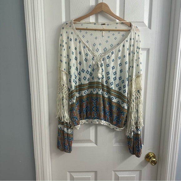 Free People Blouse Tassels Boho Floral Lace Up Festival Hippie Casual Size Small - Picture 3 of 7